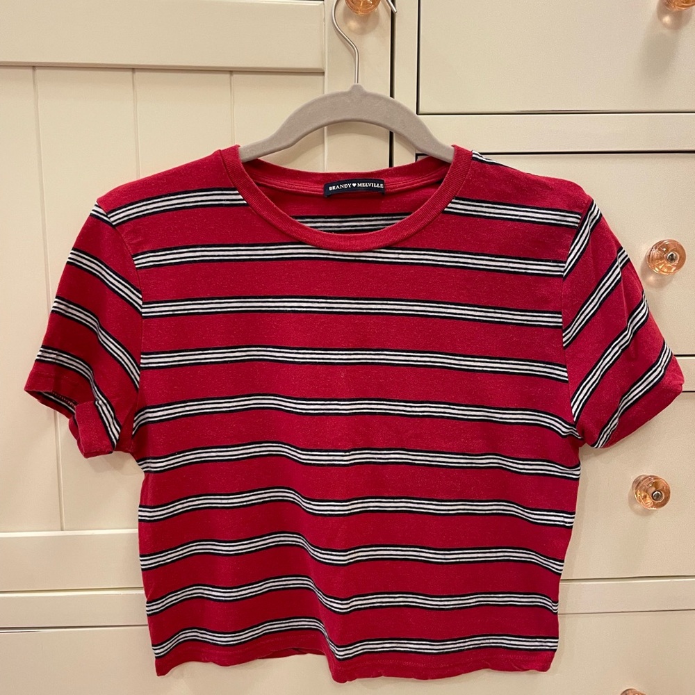 Brandy Melville red and blue one size striped cropped t-shirt